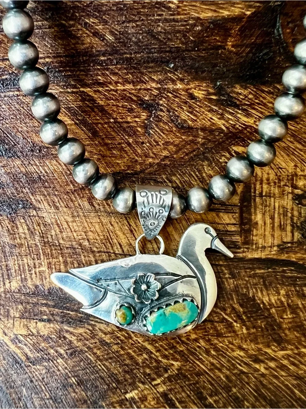 Sterling Silver Kingman Turquoise Duck Pendant - Picture 2 of 10